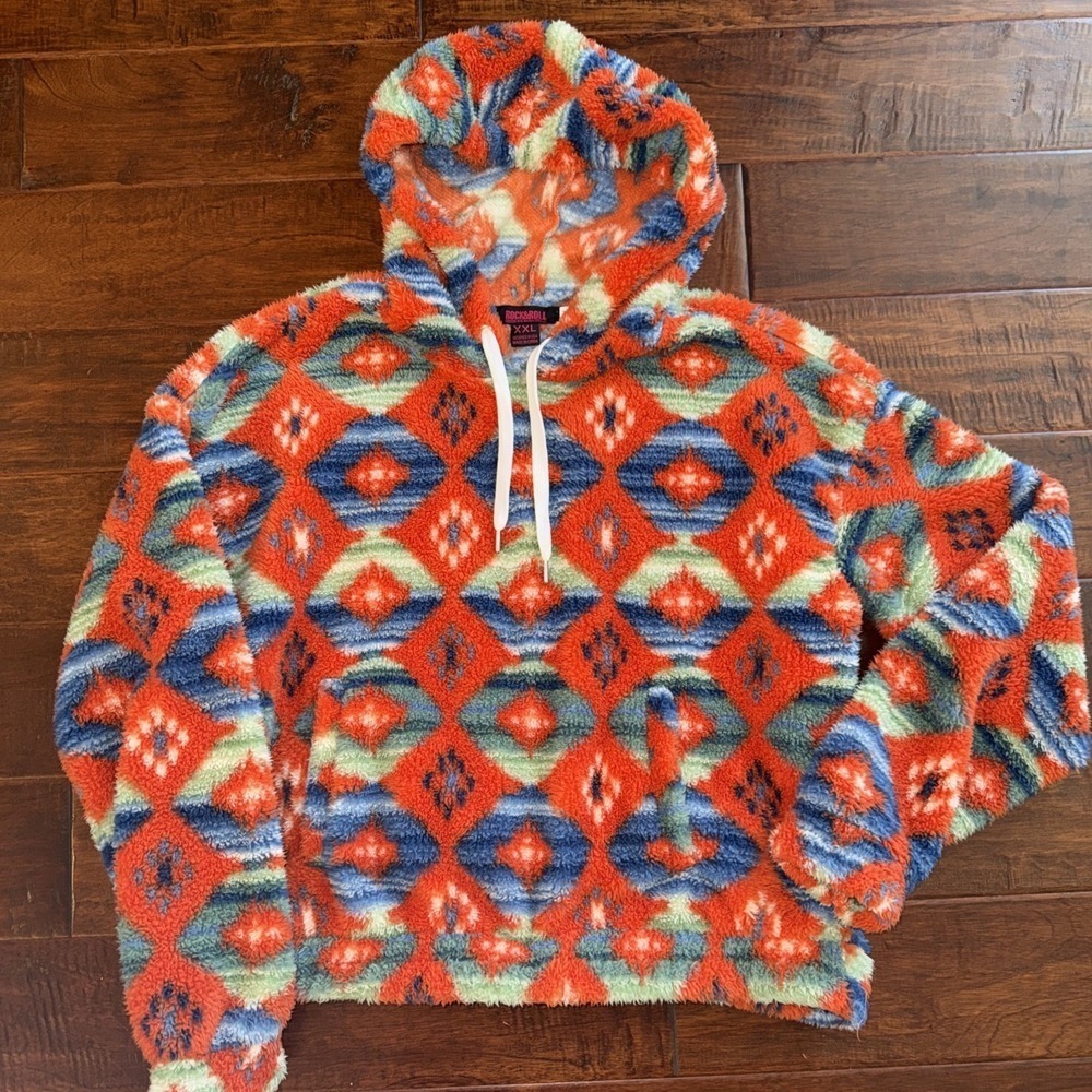 Rock & Roll Denim Burnt Orange Teal Printed Sherpa Hoodie Aztec Size XXL